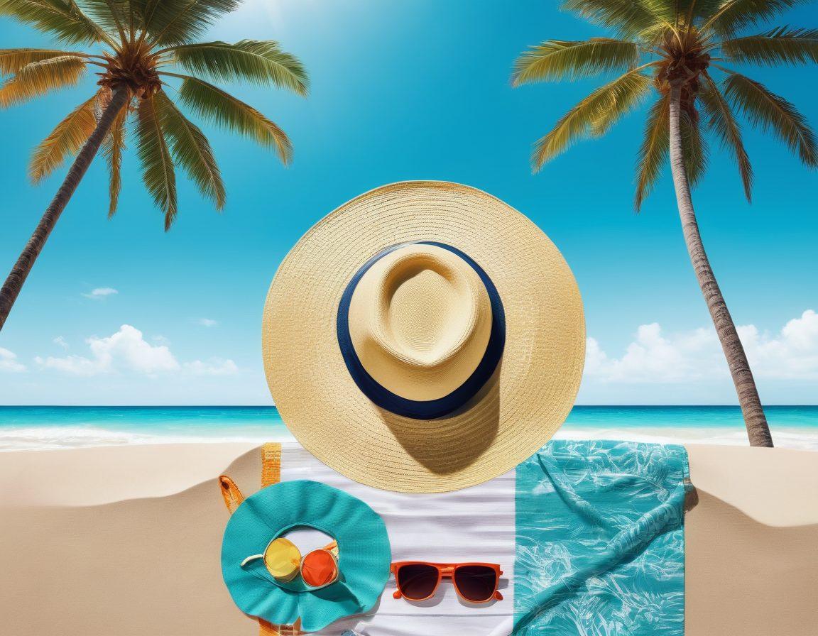 An elegant beach scene featuring a variety of chic beachwear essentials laid out on a sandy beach. Include stylish swimsuits, oversized sun hats, colorful beach towels, and trendy sunglasses, all surrounded by turquoise waters and palm trees. Capture the essence of summer vacations with a bright, sunny sky overhead and a relaxed, luxurious vibe. vibrant colors. super-realistic. beach setting.